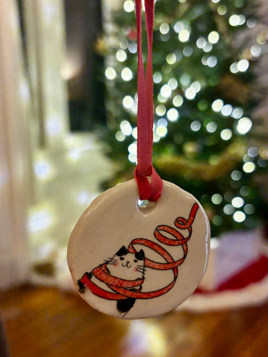 Holiday Cat Tangled in Ribbon Ceramic Ornament